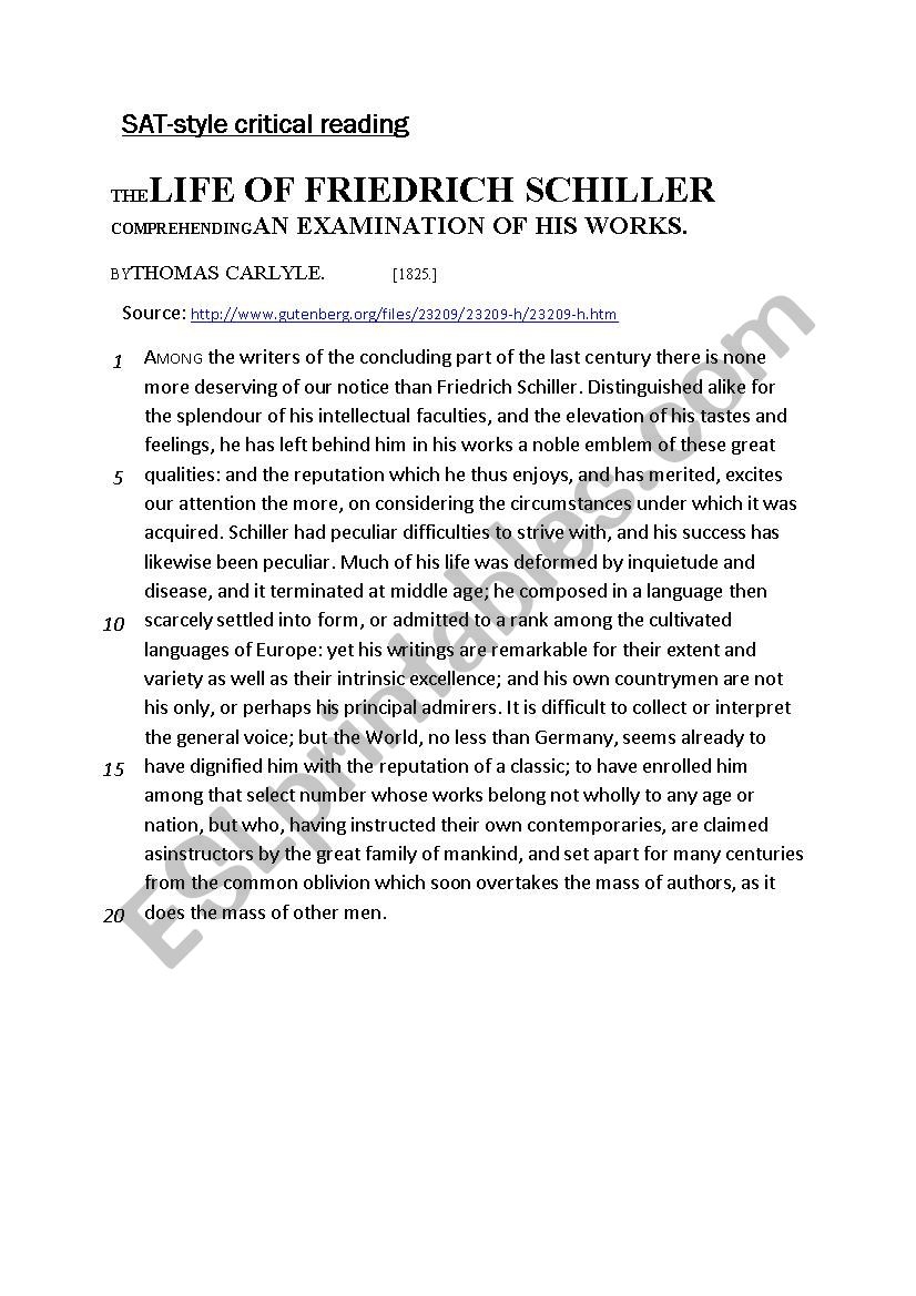 SAT style Critical Reading Reading Comprehension On Schiller 