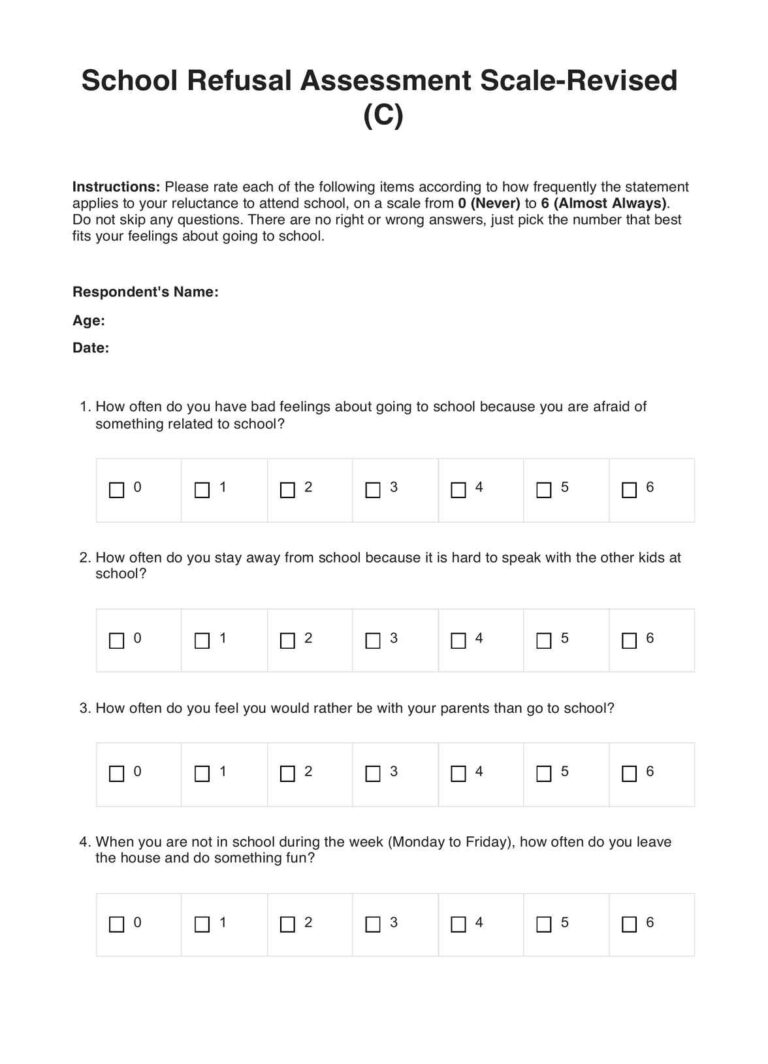 School Refusal Assessment Scale SRAS R U0026 Example Free PDF Download