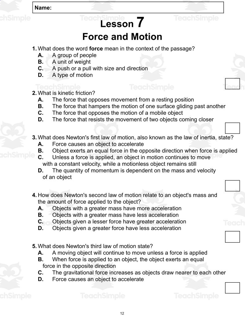 Free Force Reading Comprehension Worksheets