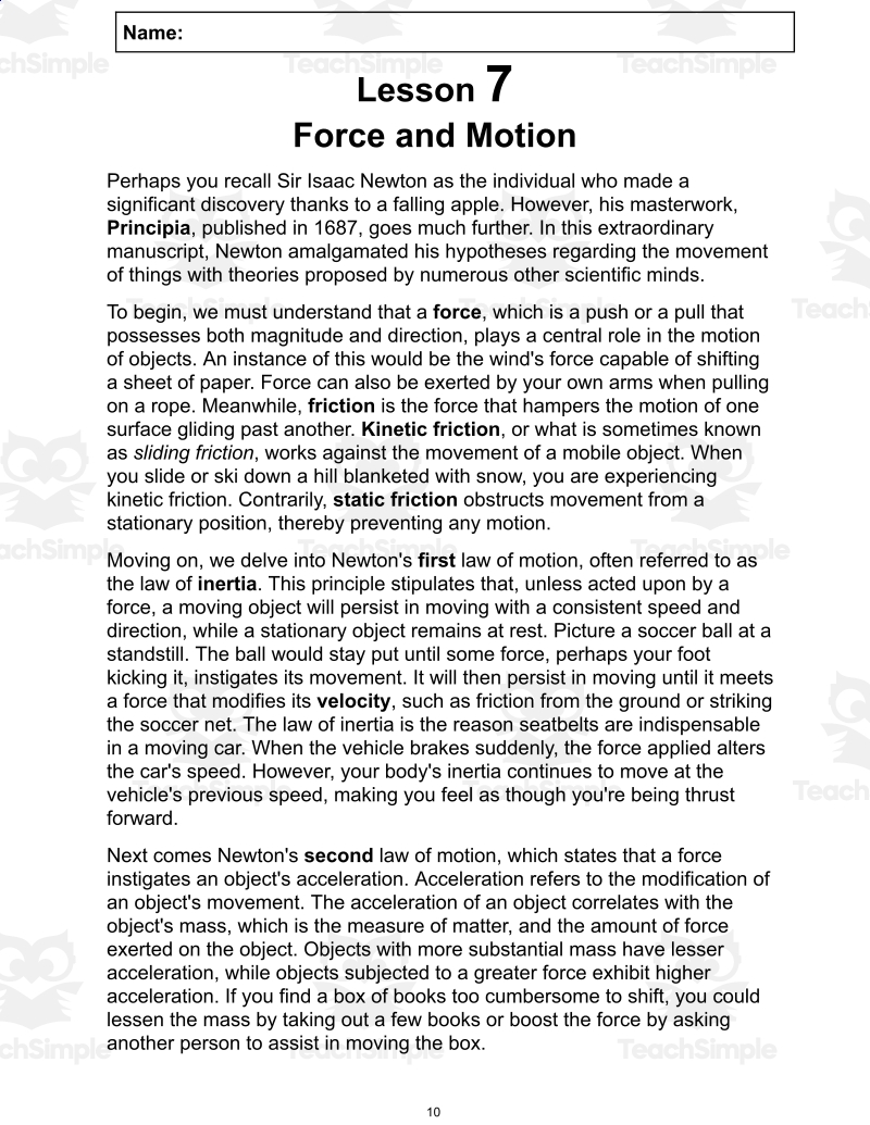Forces Reading Comprehension Worksheet