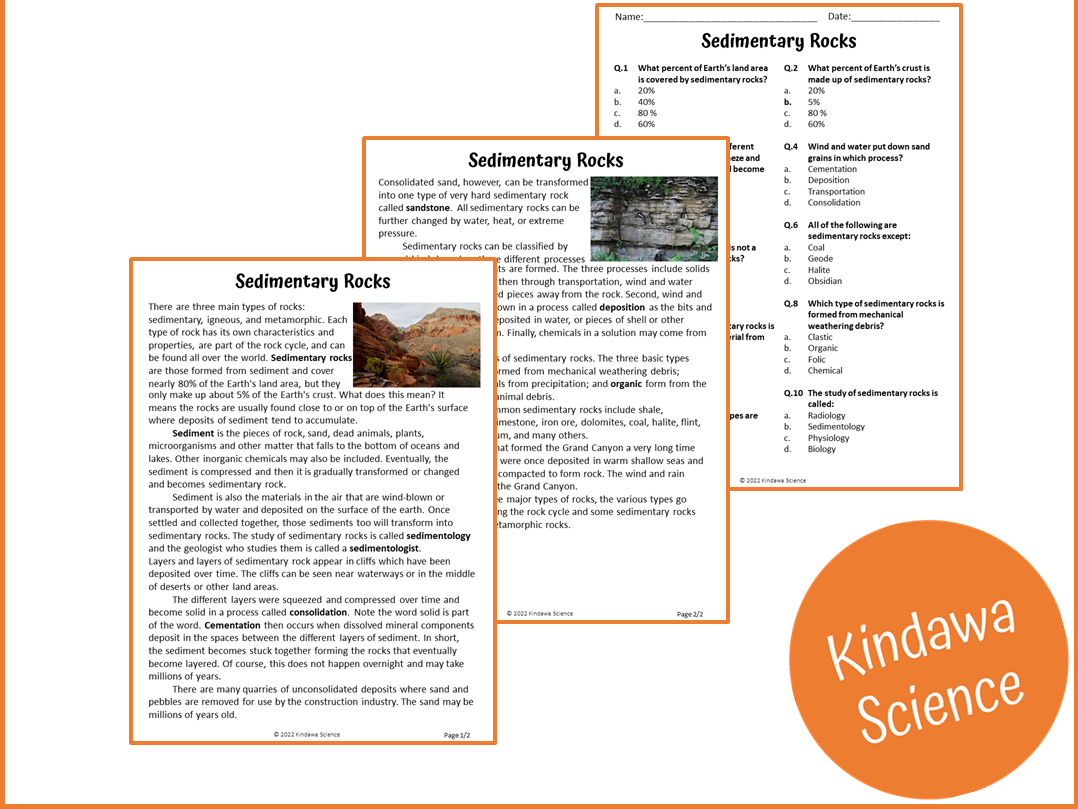 Sedimentary Rocks Reading Comprehension Passage And Questions 
