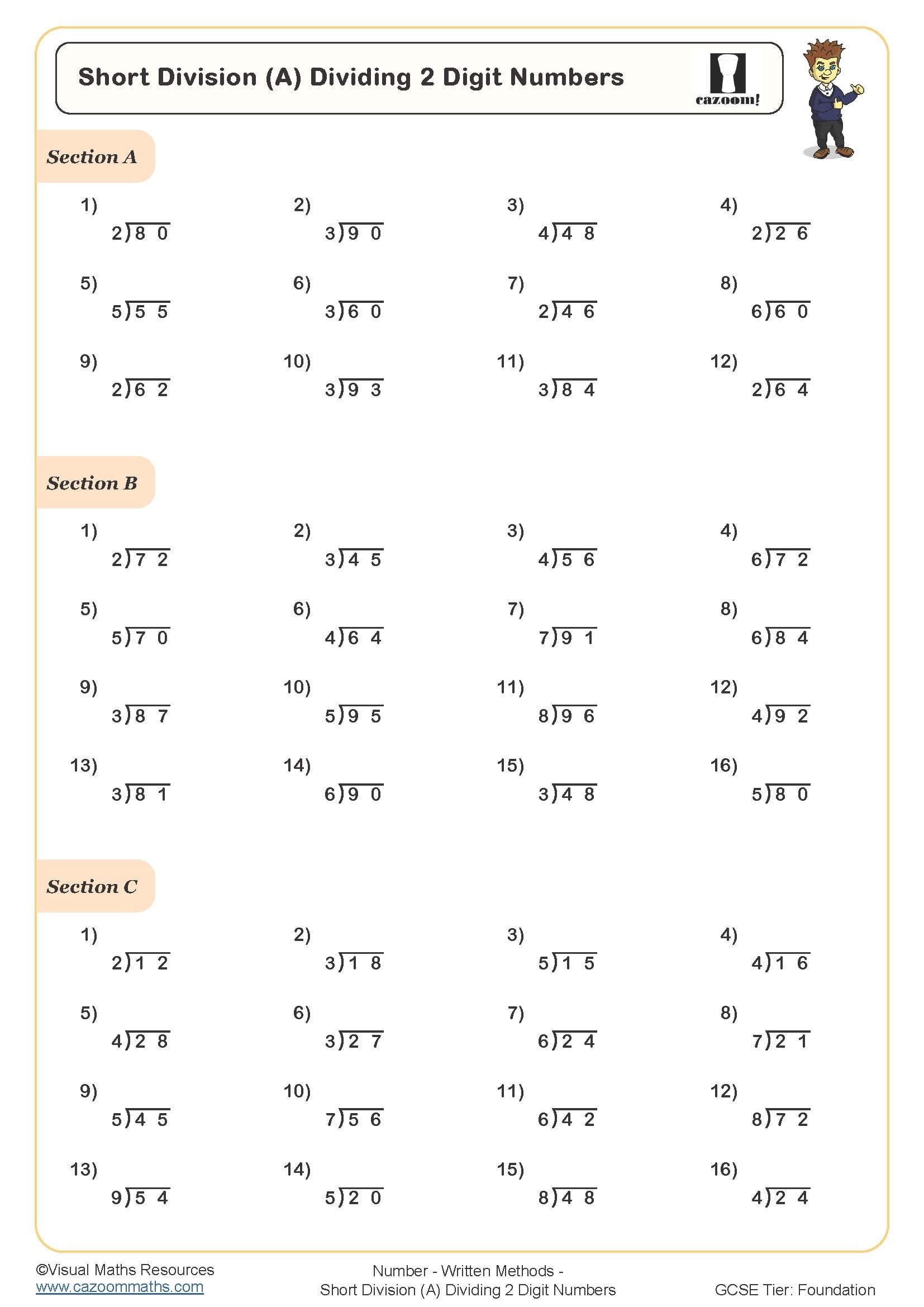 Short Division A Dividing 2 Digit Numbers Worksheet Printable 