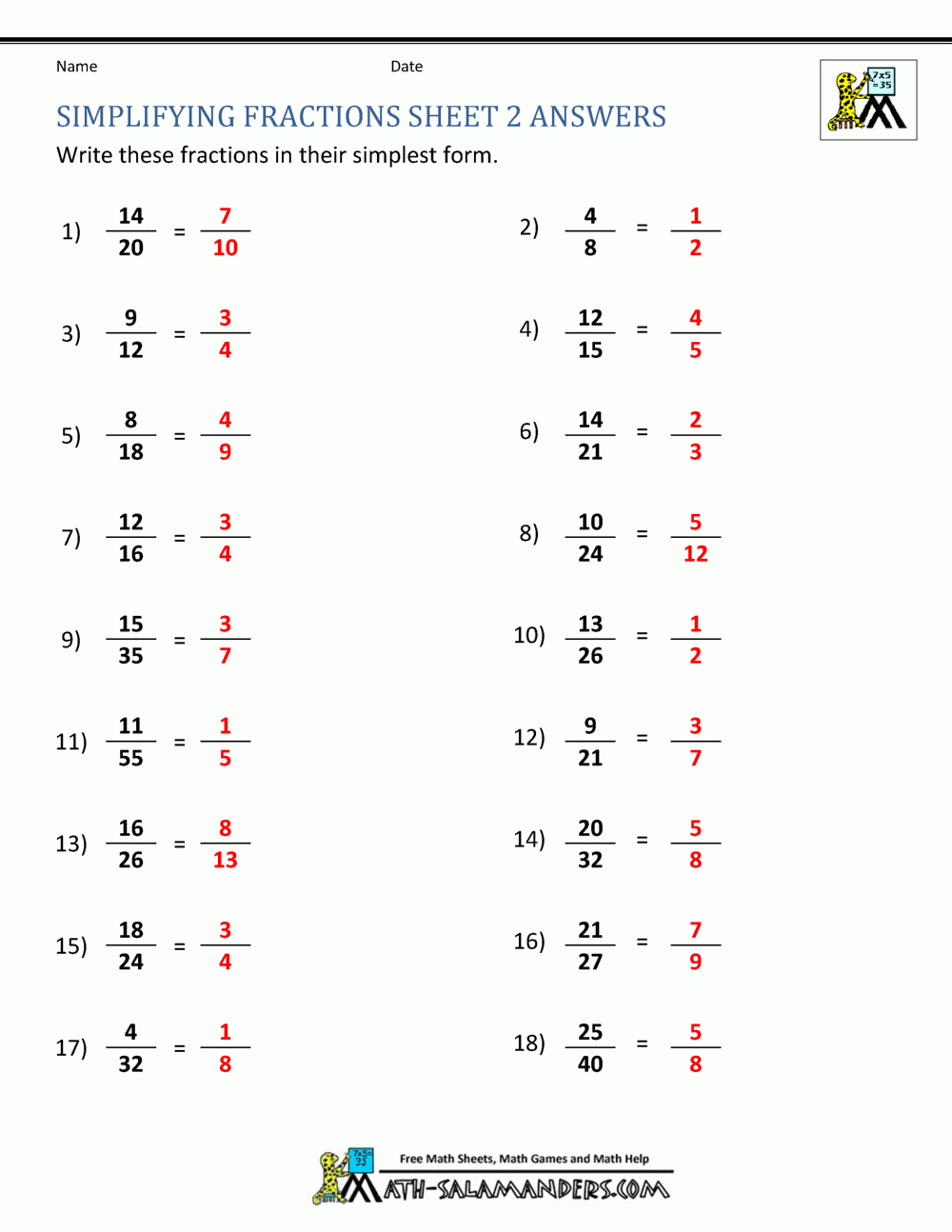 Simplifying Fractions Worksheet