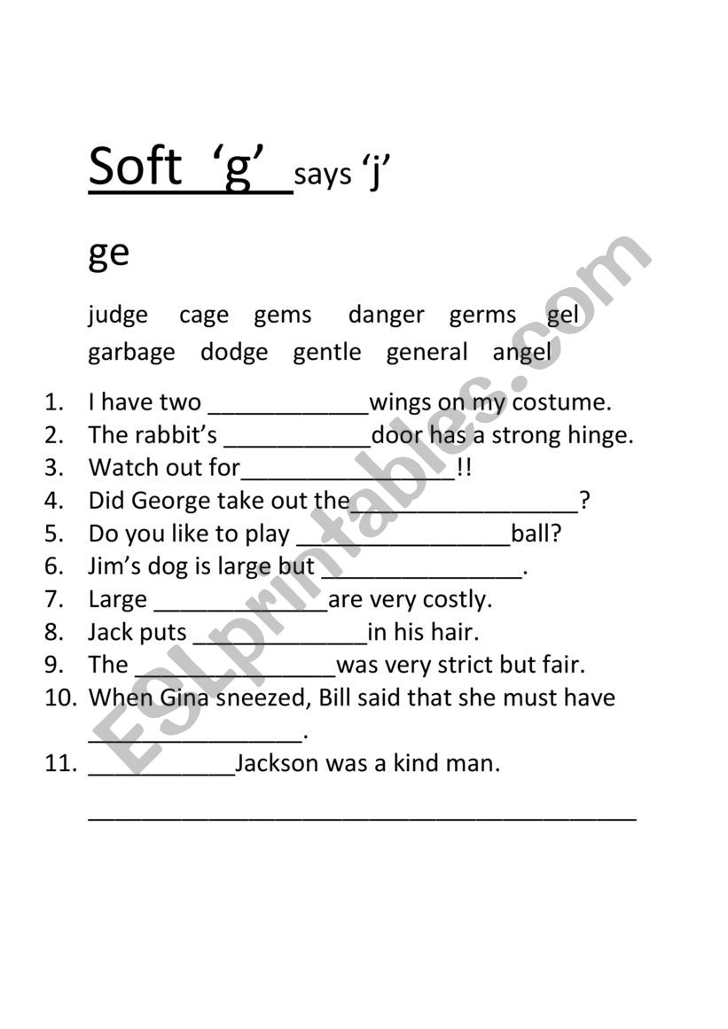 Soft G Ge Gi Gy ESL Worksheet By Gumnuts1