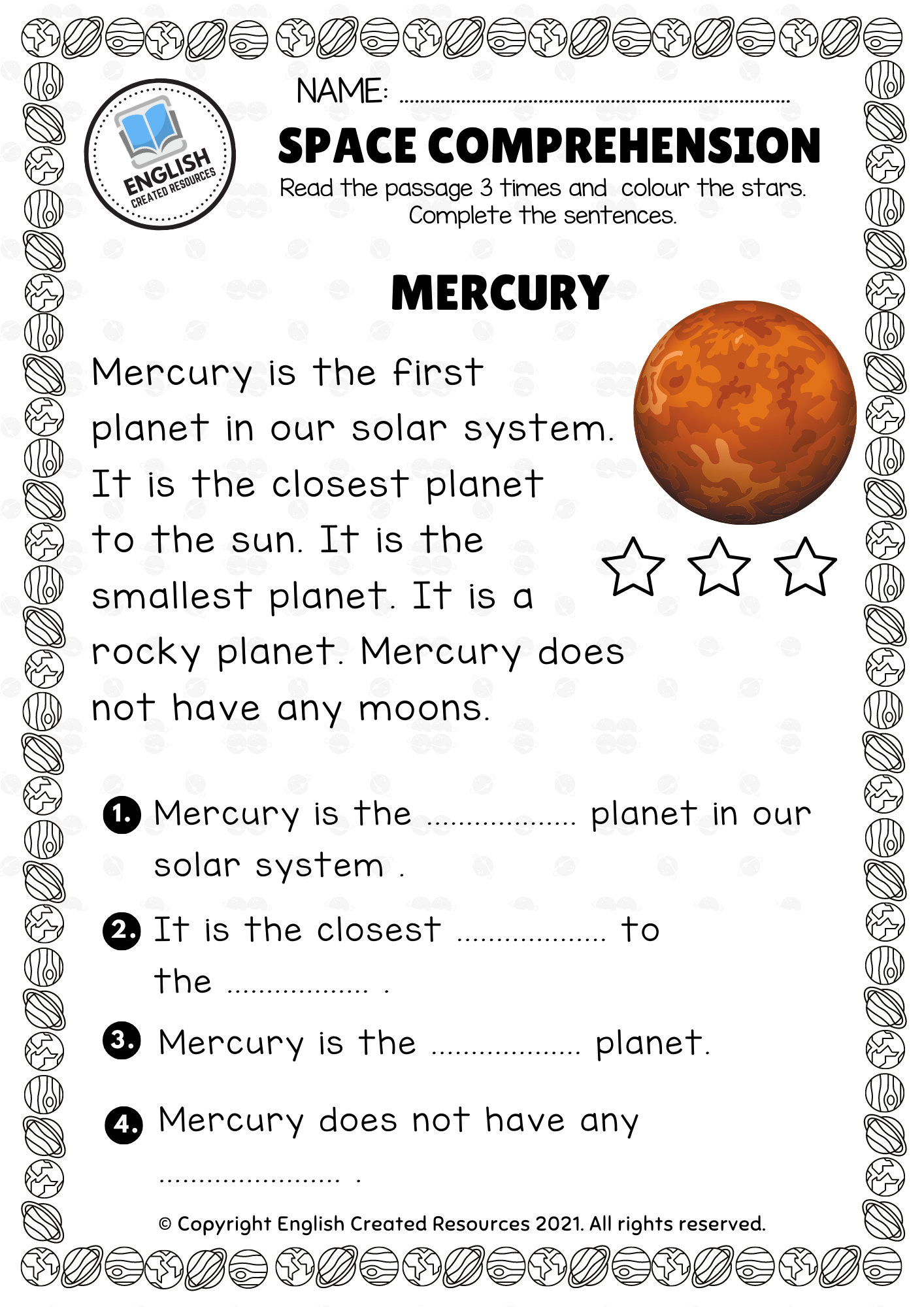 Space Reading Comprehension English Created Resources