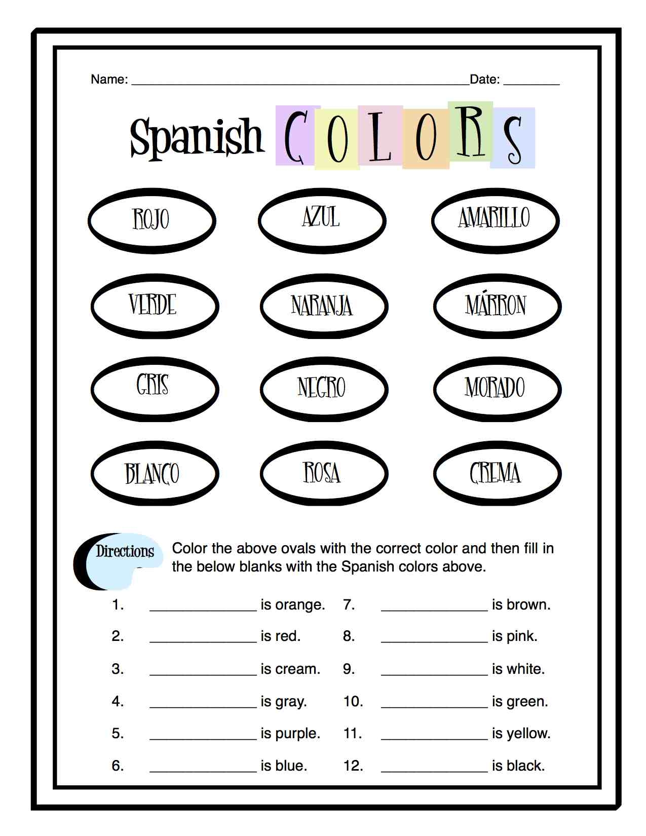 Spanish Colors Worksheet Packet