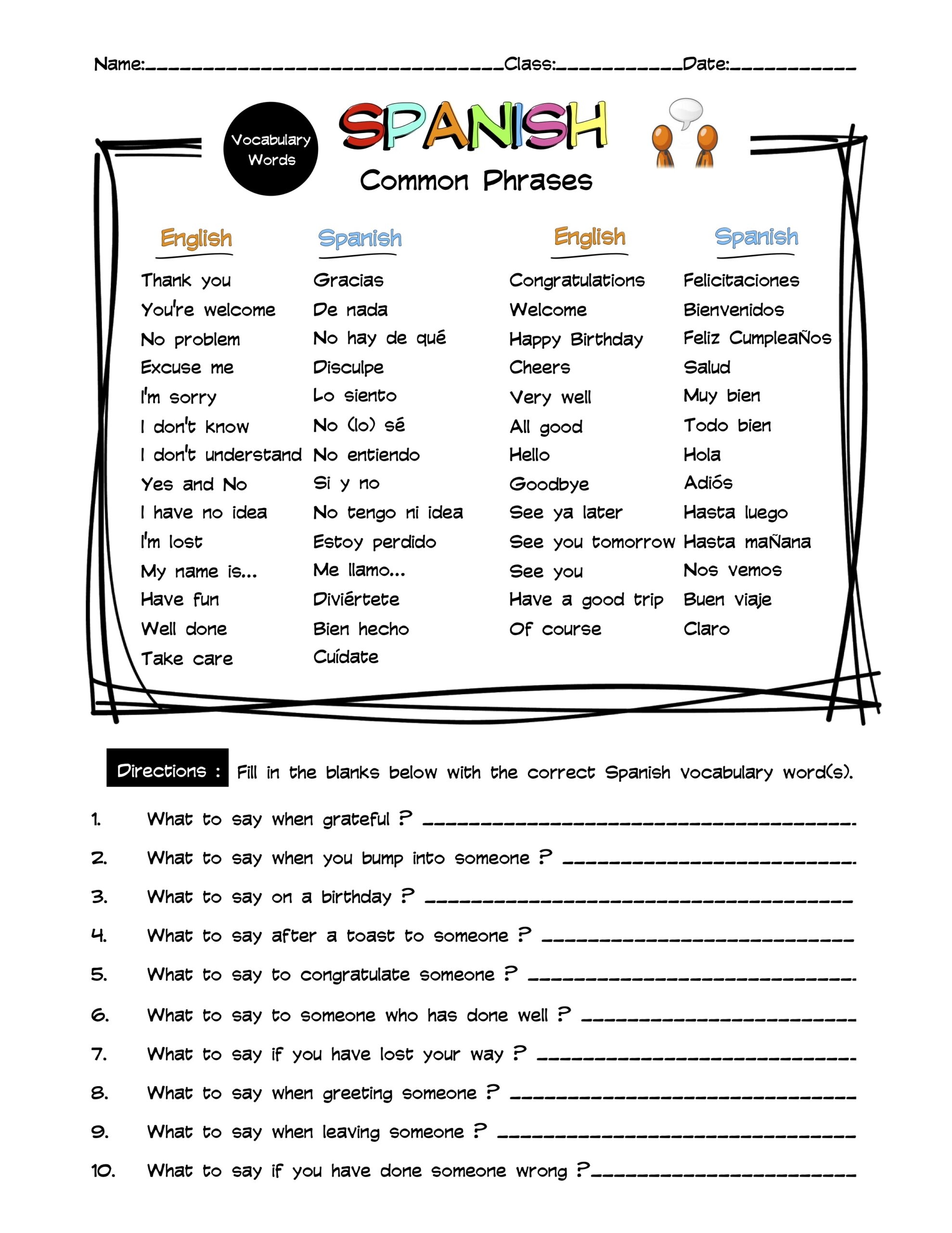 Spanish Common Phrases Vocabulary Word List Worksheet U0026 Answer Key 