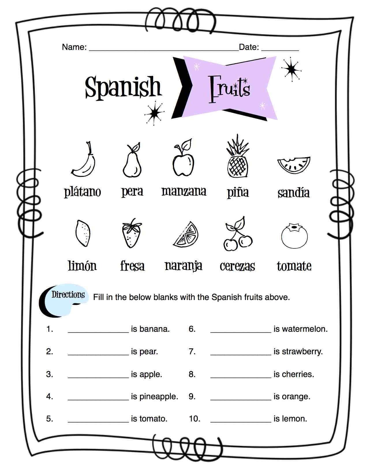 Spanish Fruits Worksheet Packet Made By Teachers