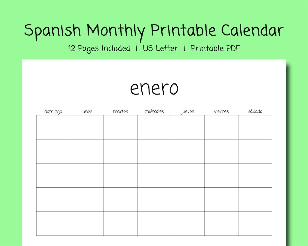 Spanish Teacher Monthly Printable Calendar Blank Calendar 12 Month Calendar 8 5 X 11 Inches Horizontal Calendar Instant Download Etsy