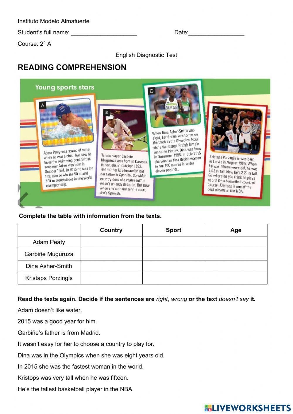Sports Reading Comprehension Worksheet Live Worksheets Worksheets Library