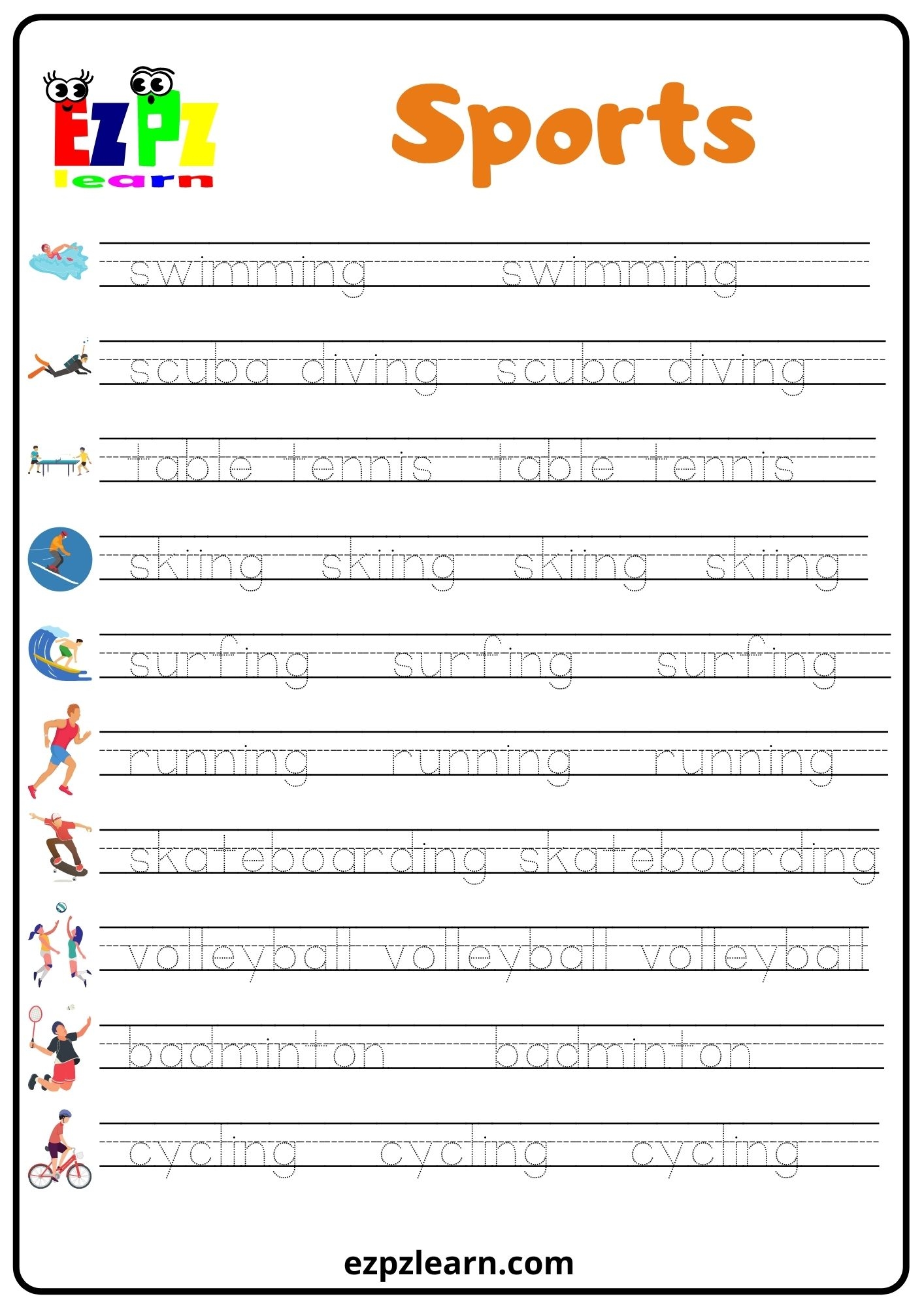 Sports Set1 Word Tracing Worksheet Ezpzlearn