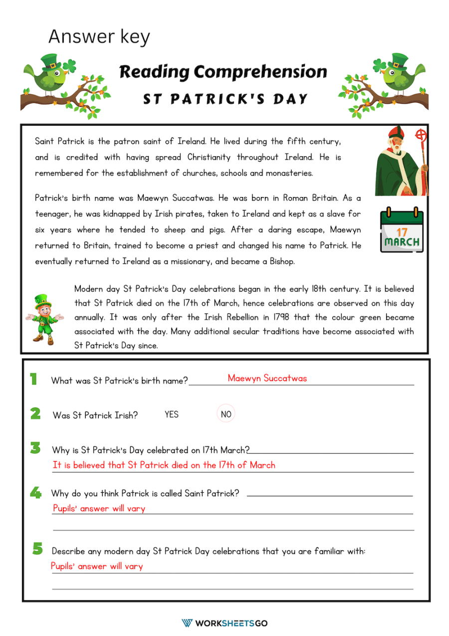 St Patrick s Day Reading Comprehension Worksheets WorksheetsGO
