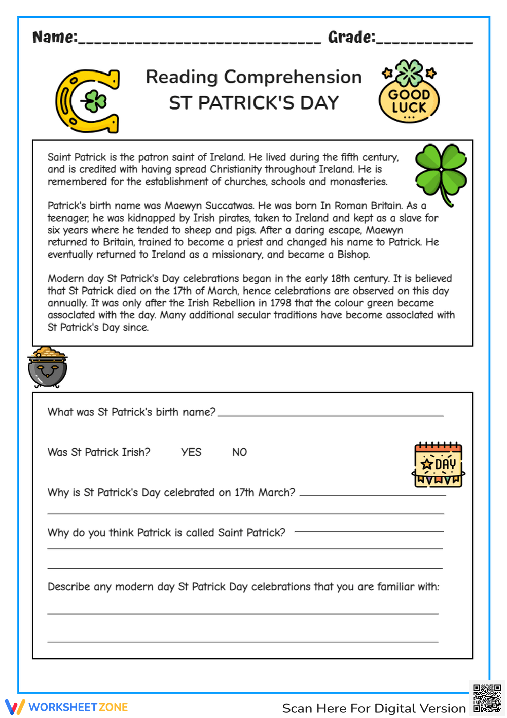 St Patricks Day Reading Comprehension Freebie By Brittney Marie 