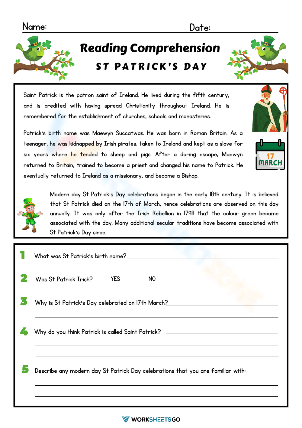 St Patricks Day Reading Comprehension Freebie By Brittney Marie 