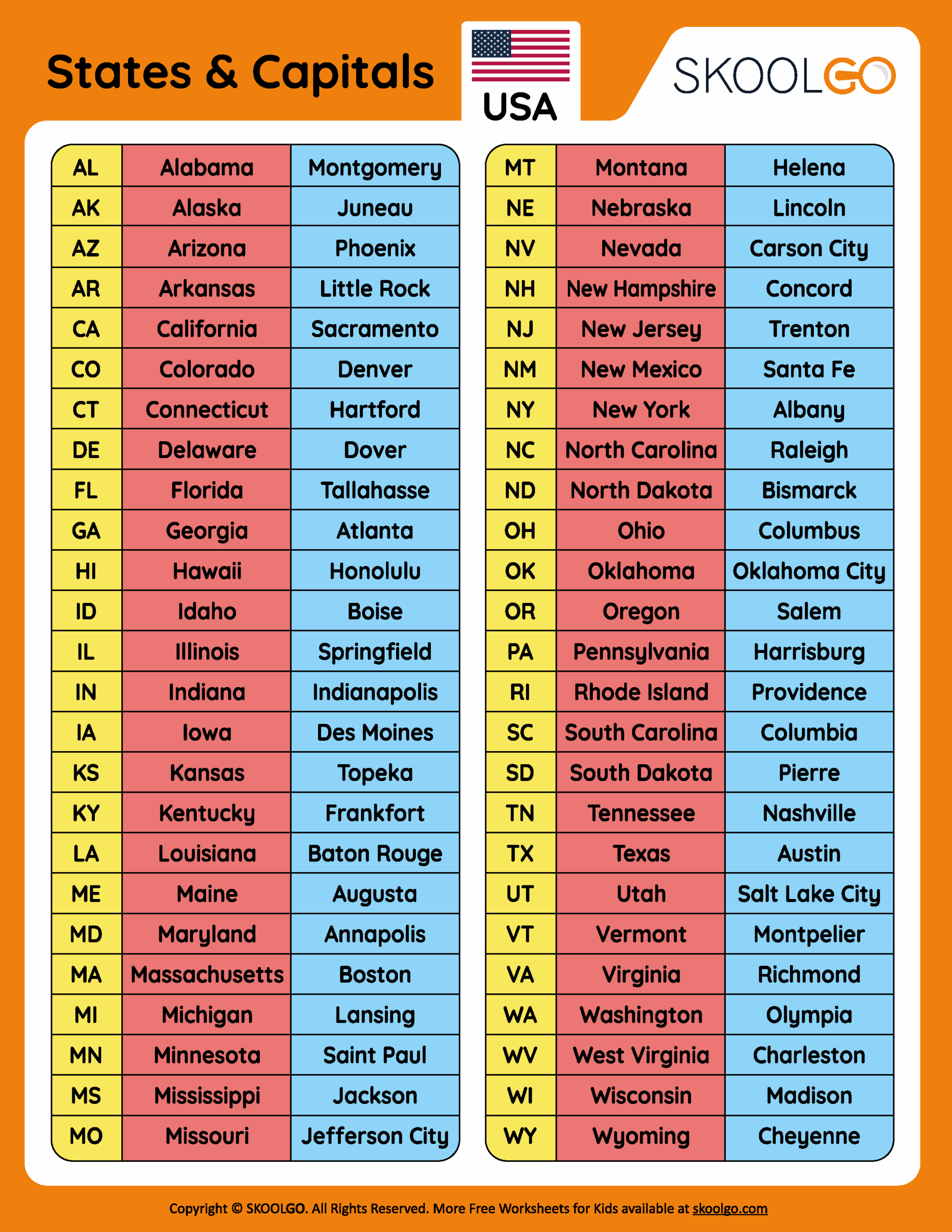 States And Capitals Free Worksheet For Kids SKOOLGO