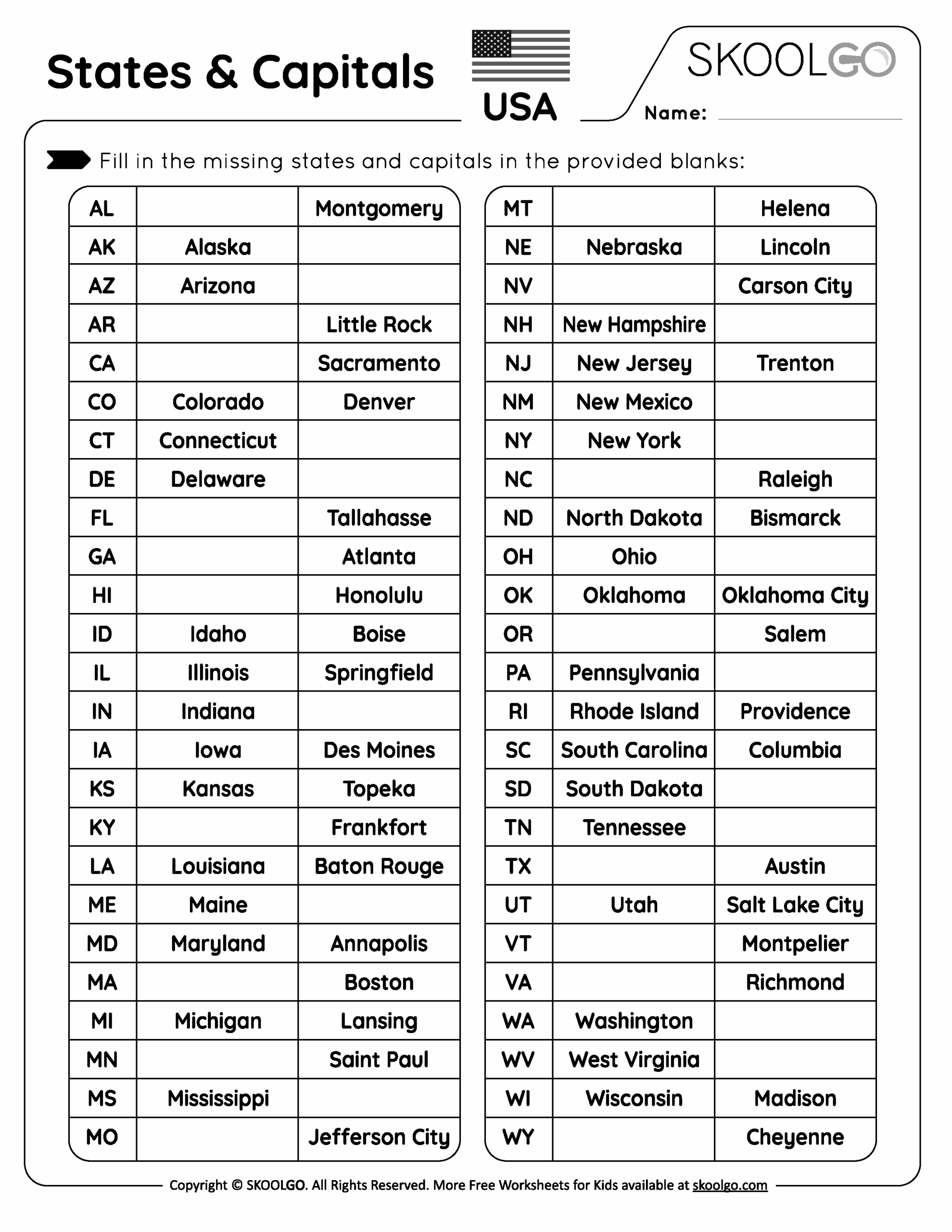 States And Capitals Free Worksheet For Kids SKOOLGO Worksheets Library