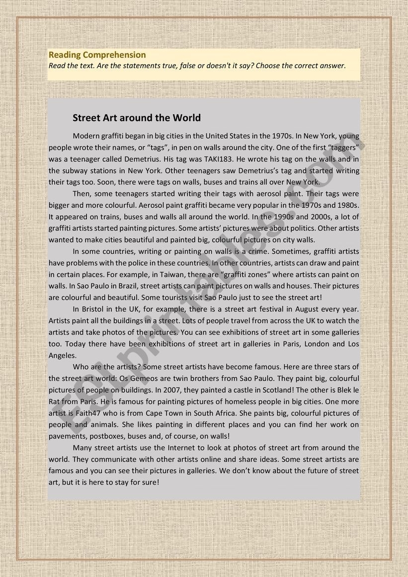 Street Art Around The World Reading Comprehension ESL Worksheet By Iornik3