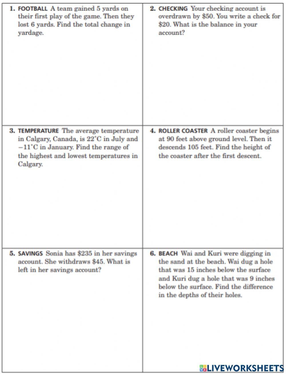 Subtract Integers Word Problem Worksheet Live Worksheets Worksheets Library