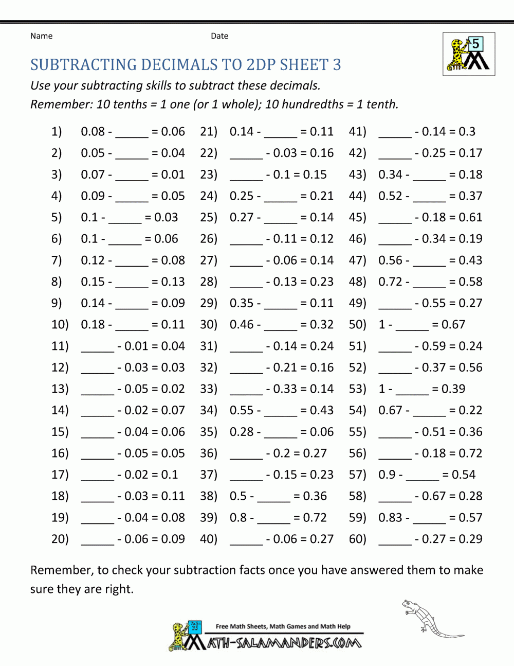 Subtracting Decimals Worksheet