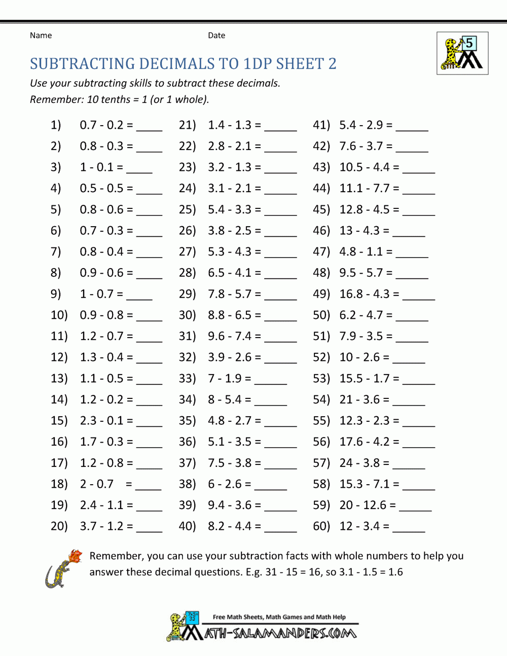 Subtracting Decimals Worksheet
