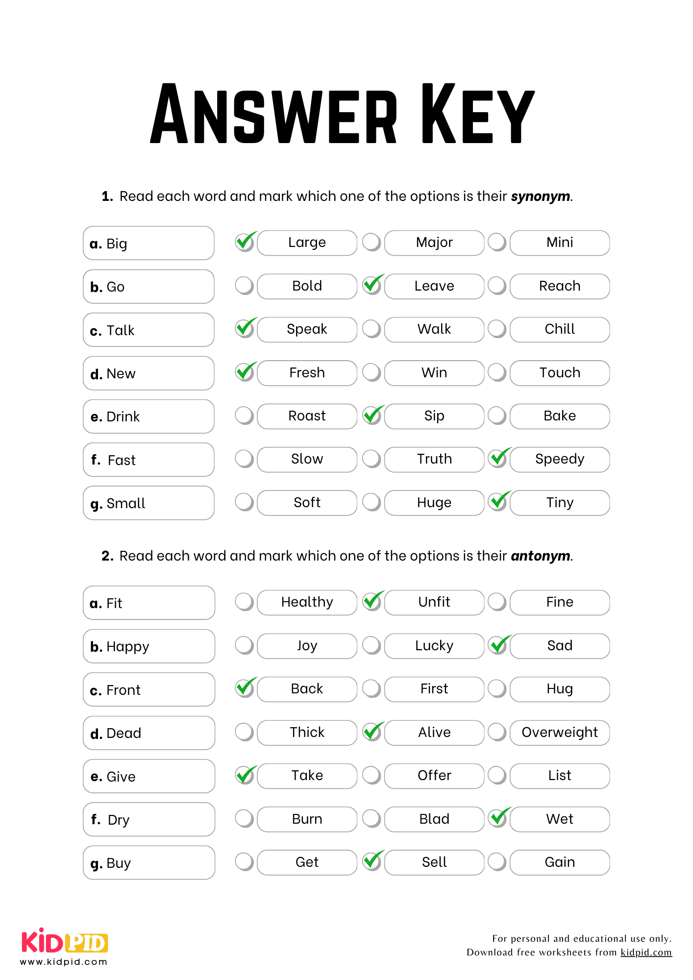 Free Printable Antonym Worksheets