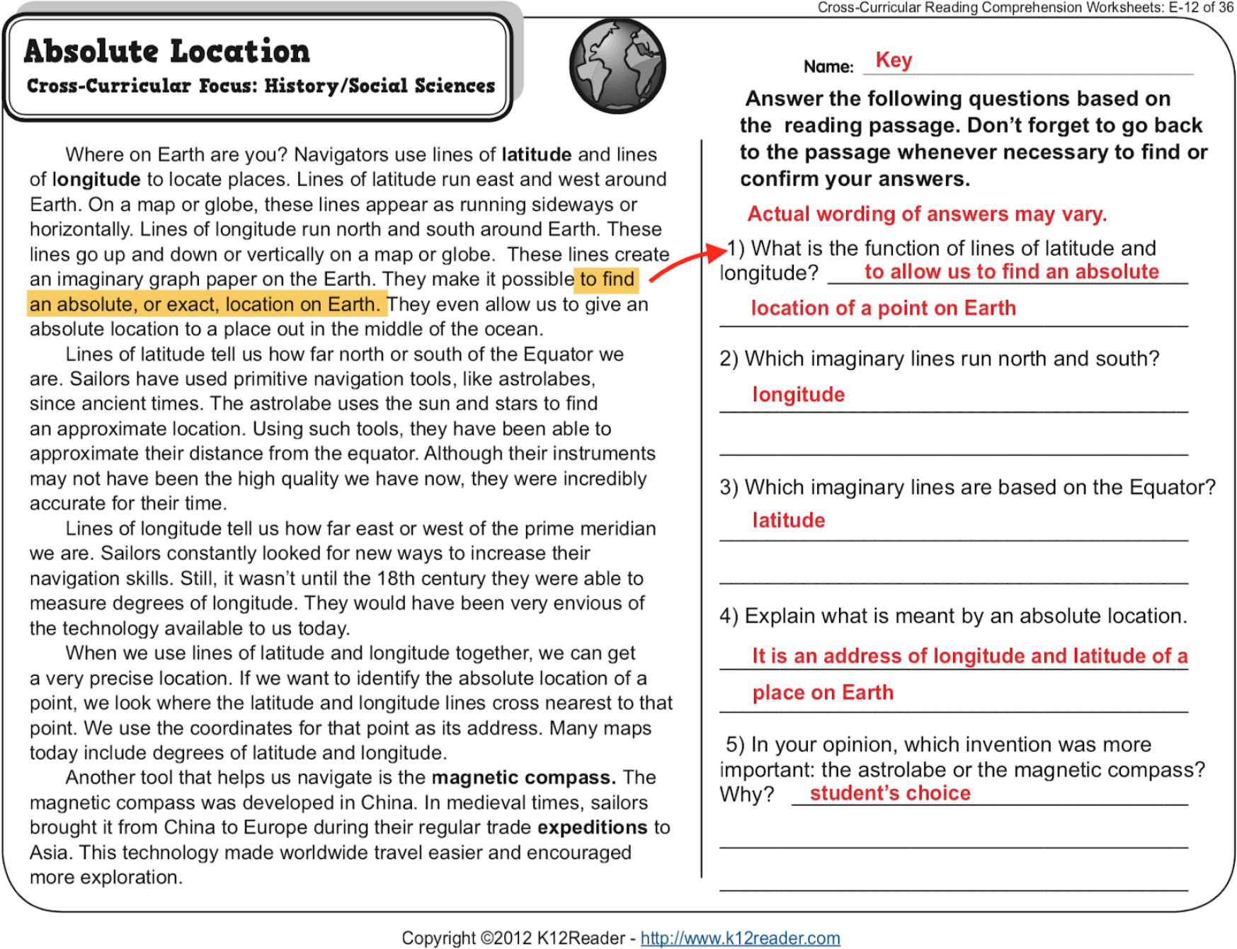 Cross Curricular Reading Comprehension Worksheet