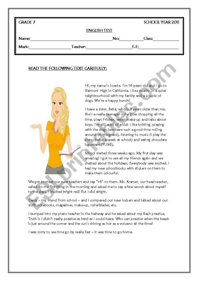English Reading Comprehension Worksheets Year 7