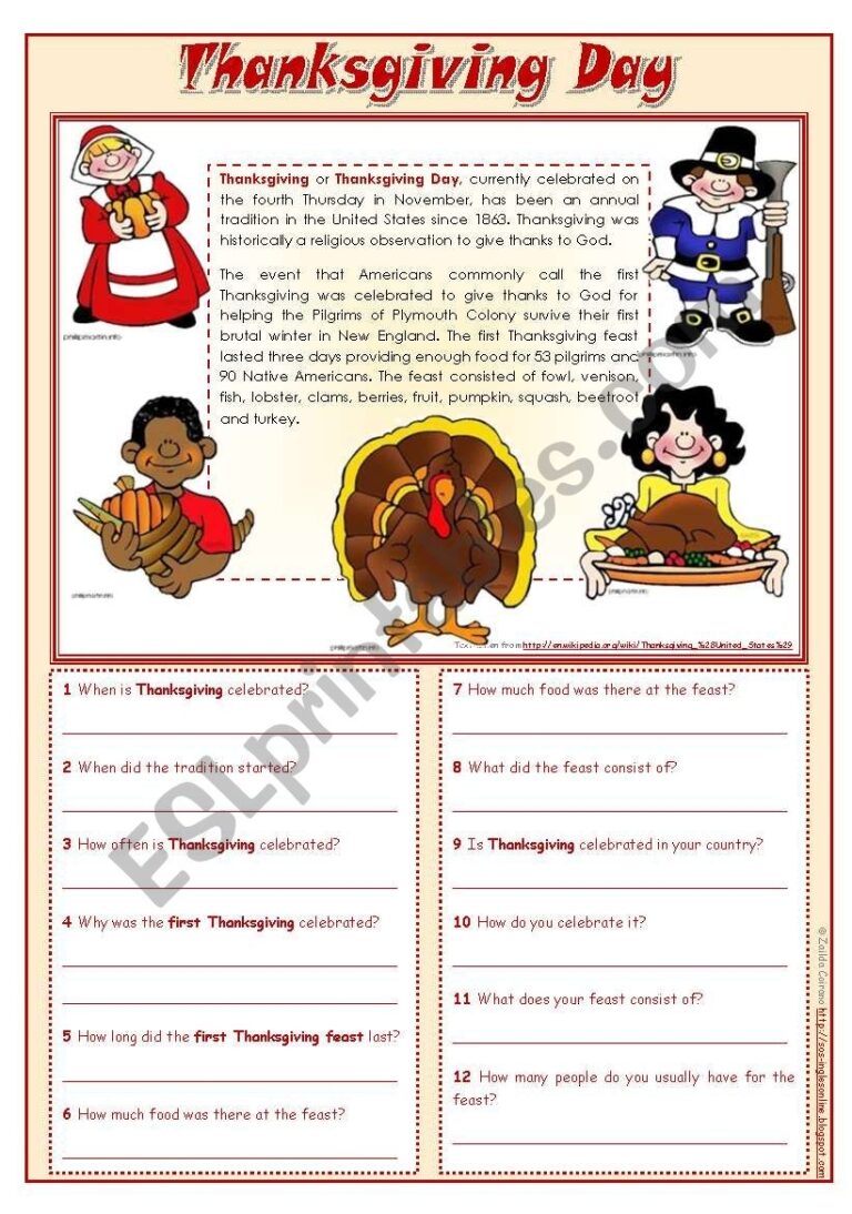 Thanksgiving Day Reading Comprehension editable ESL 
