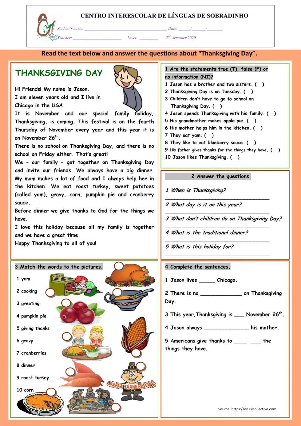 Canadian Thanksgiving Reading Comprehension Worksheets Pdf