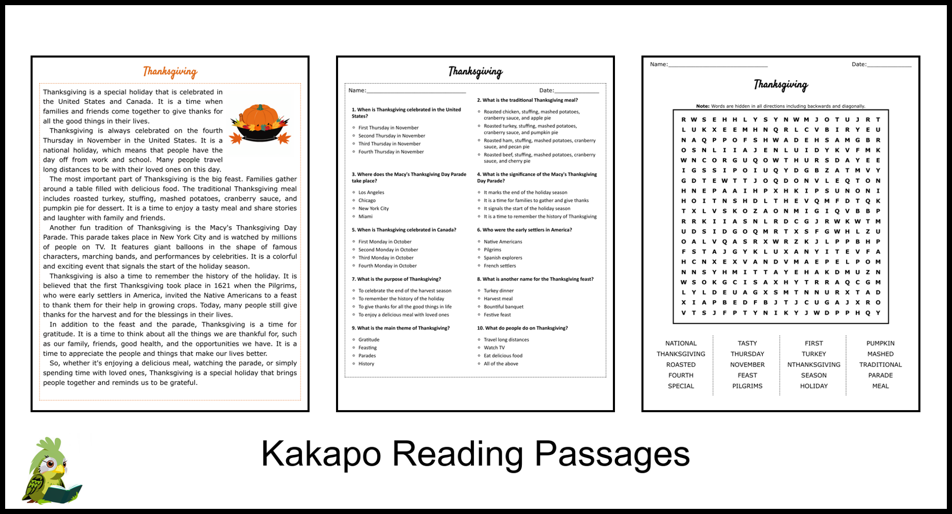 Thanksgiving Reading Comprehension And Word Search Teaching Resources