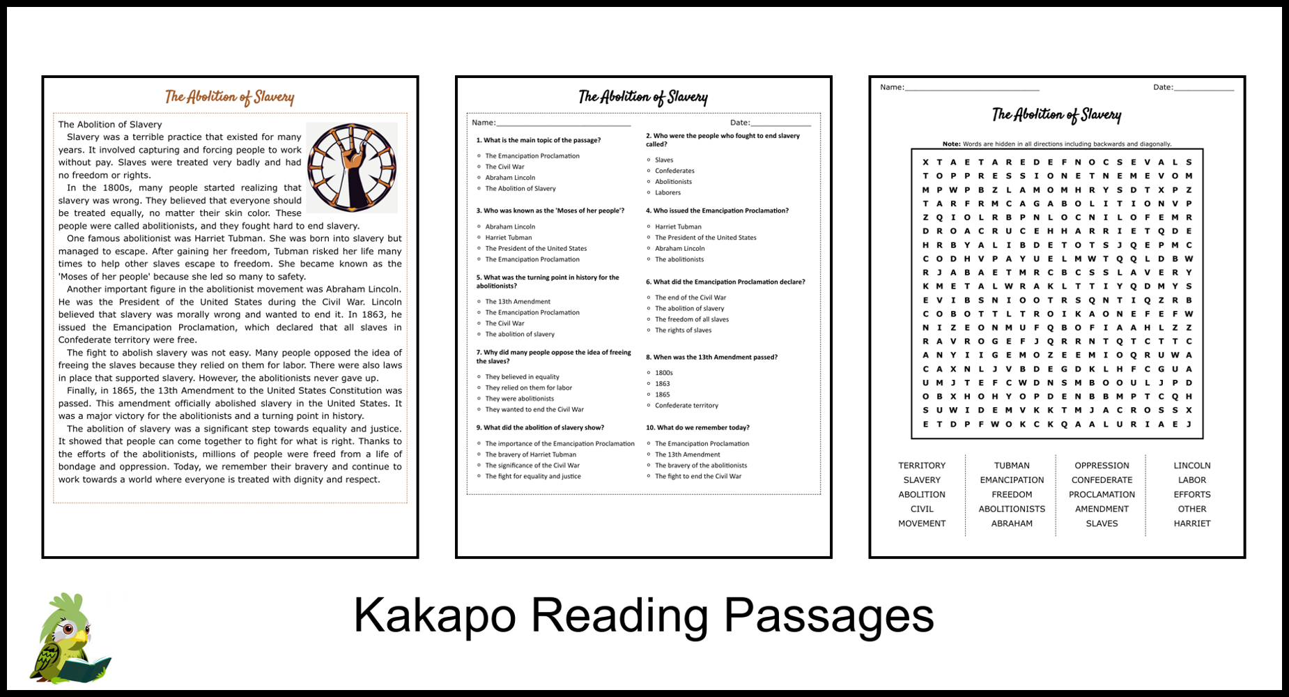 The Abolition Of Slavery Reading Comprehension And Word Search 