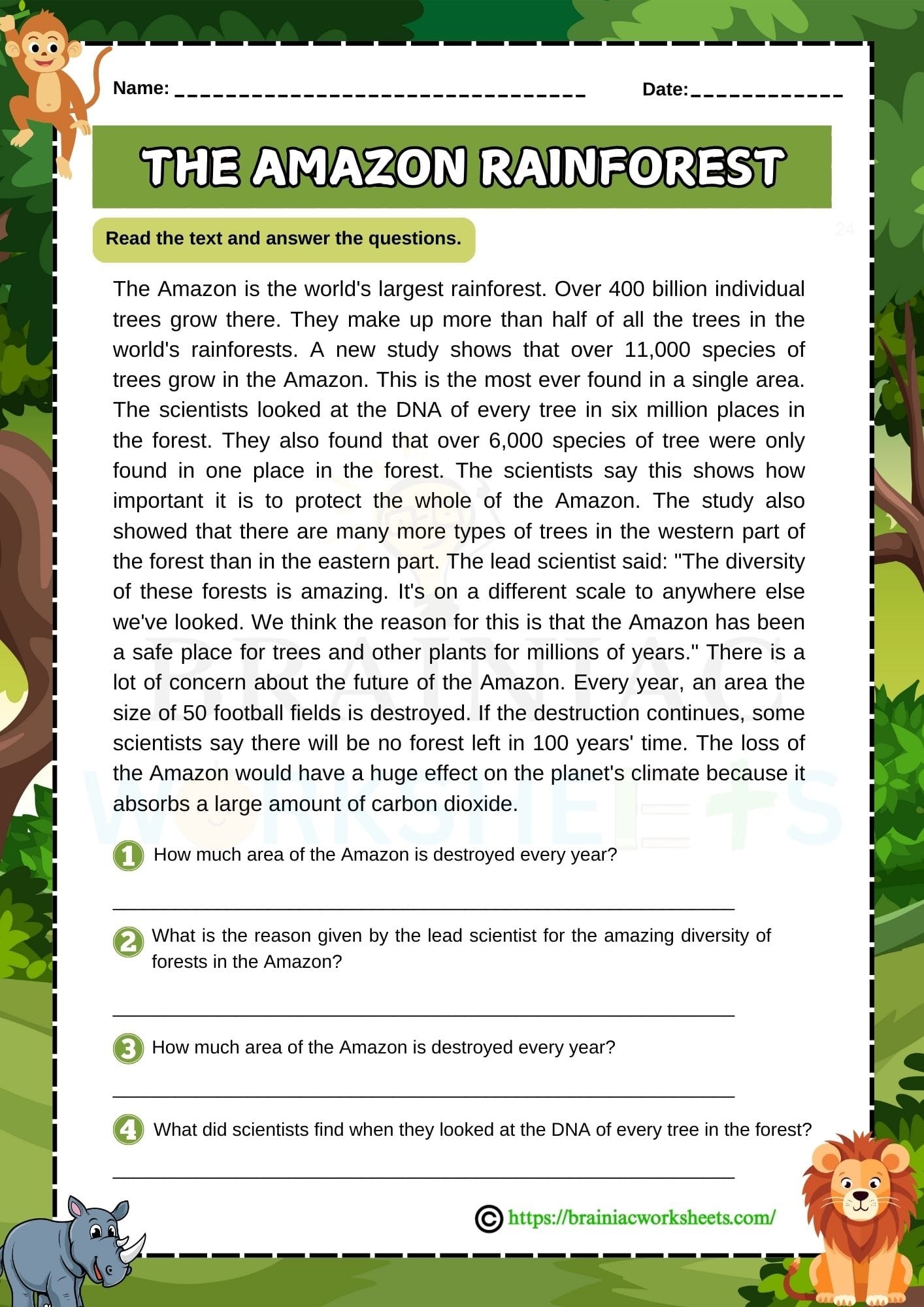 The Amazon Rainforest Reading Comprehension English Worksheet For 
