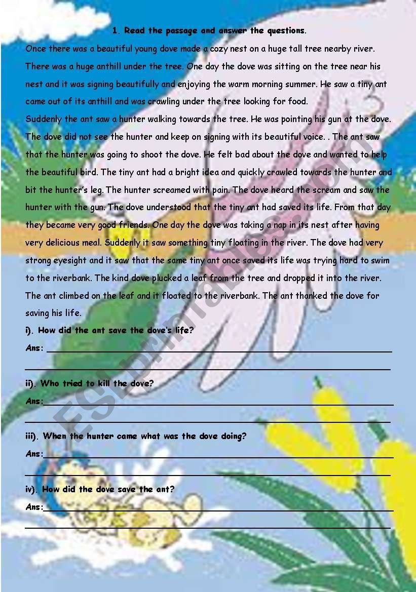 The Ant And The Dove ESL Worksheet By Asmajabbar