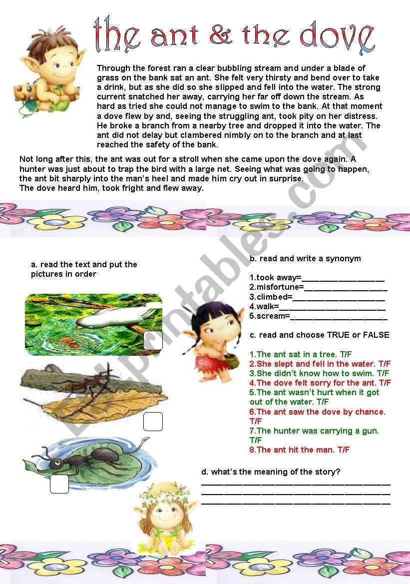 The Ant And The Dove ESL Worksheet By LILIAAMALIA