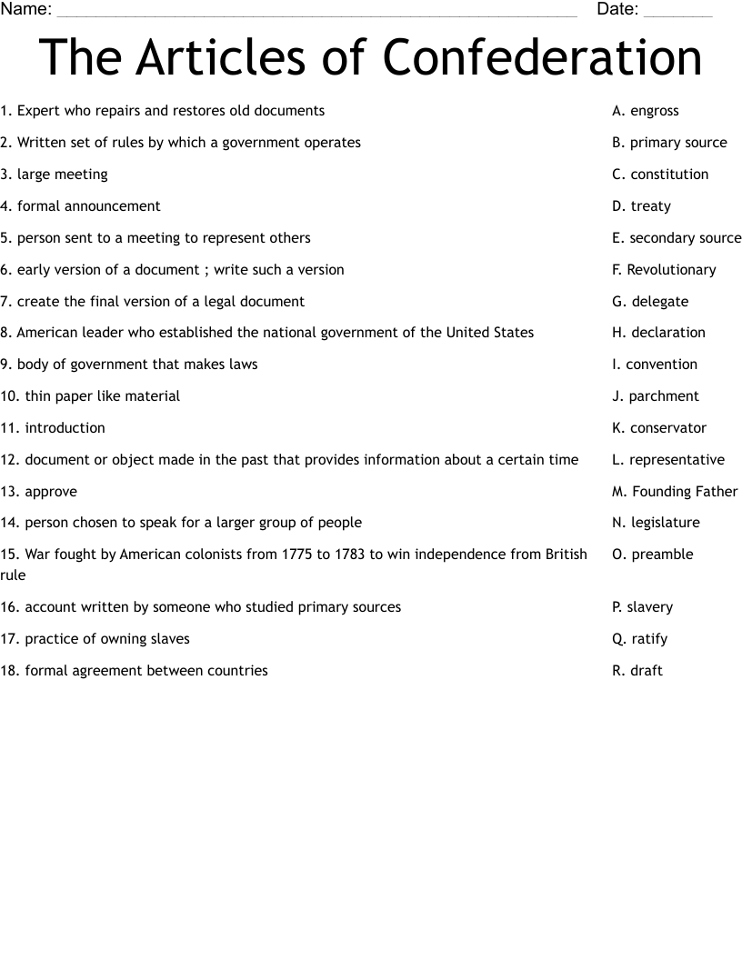 The Articles Of Confederation Worksheet WordMint