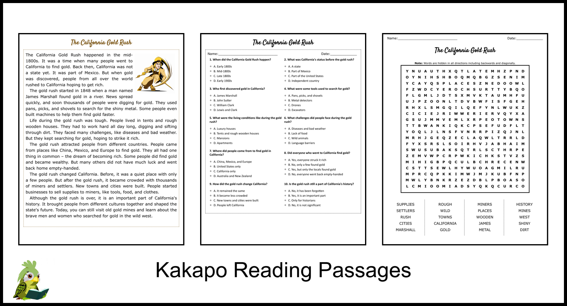 The California Gold Rush Reading Comprehension And Word Search 