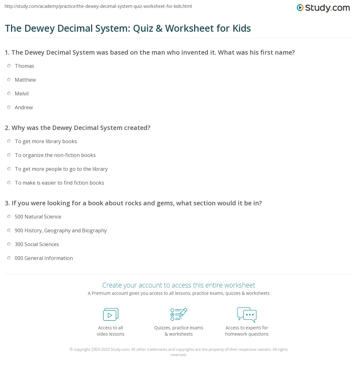 The Dewey Decimal System Quiz U0026 Worksheet For Kids Study