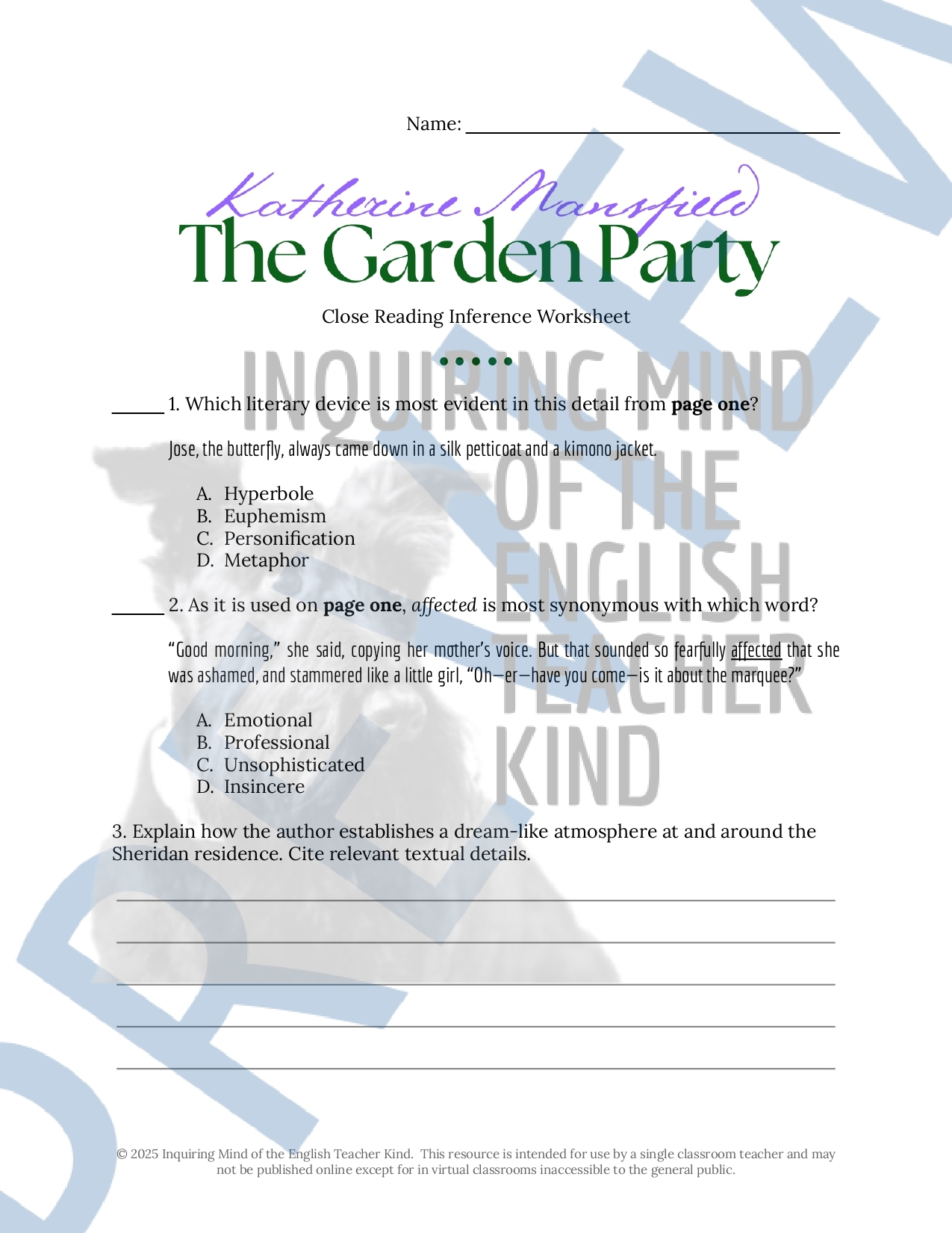 The Garden Party By Katherine Mansfield Quiz Worksheet 