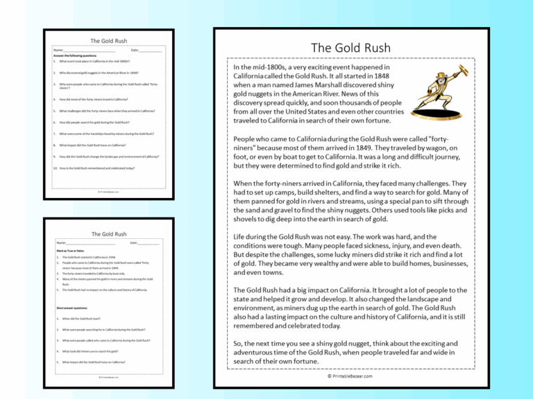 The Gold Rush Reading Comprehension Passage Printable Worksheet 