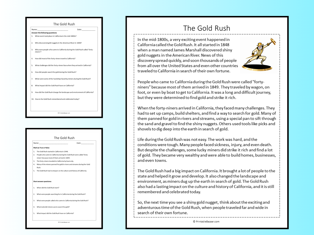 The Gold Rush Reading Comprehension Passage Printable Worksheet 
