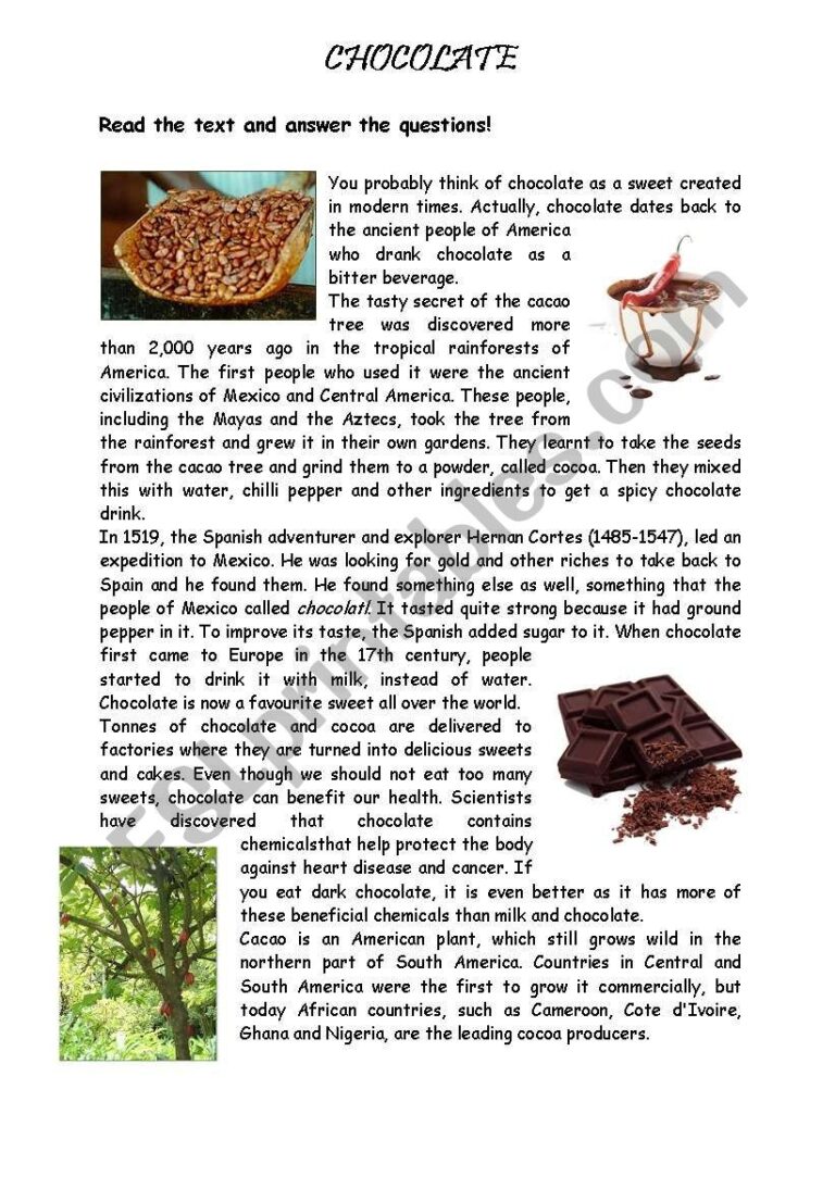THE HISTORY OF CHOCOLATE ESL Worksheet By Anny76