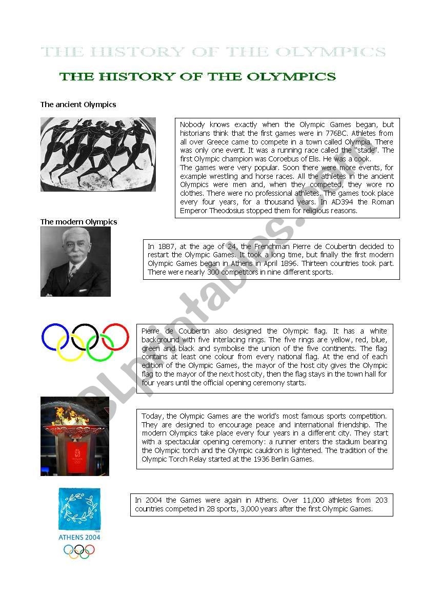 The History Of The Olympics Reading Comprehension ESL 