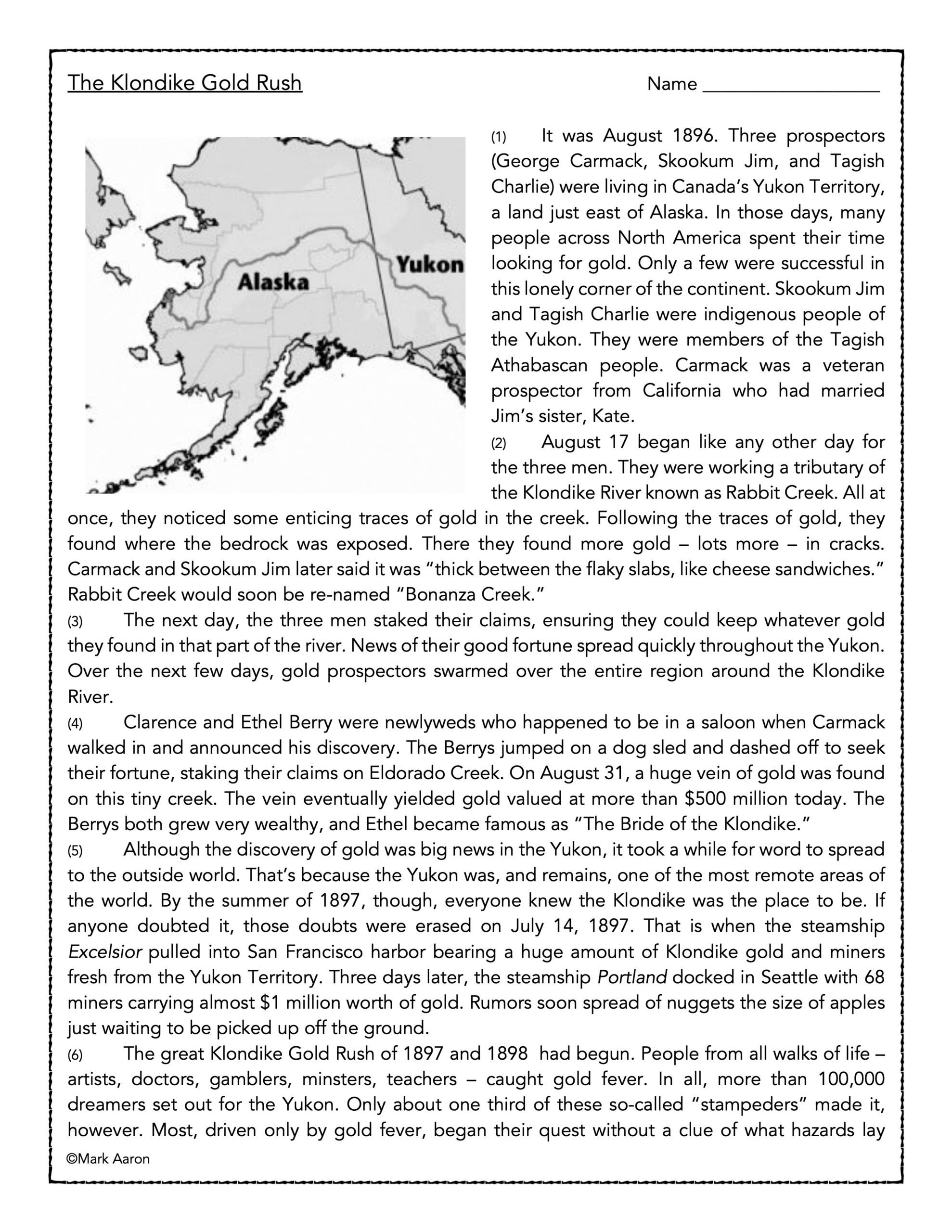 Australian Gold Rush Reading Comprehension Worksheet