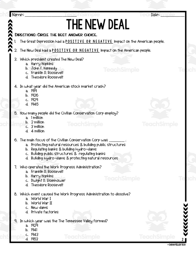 The New Deal Reading Packet By Teach Simple