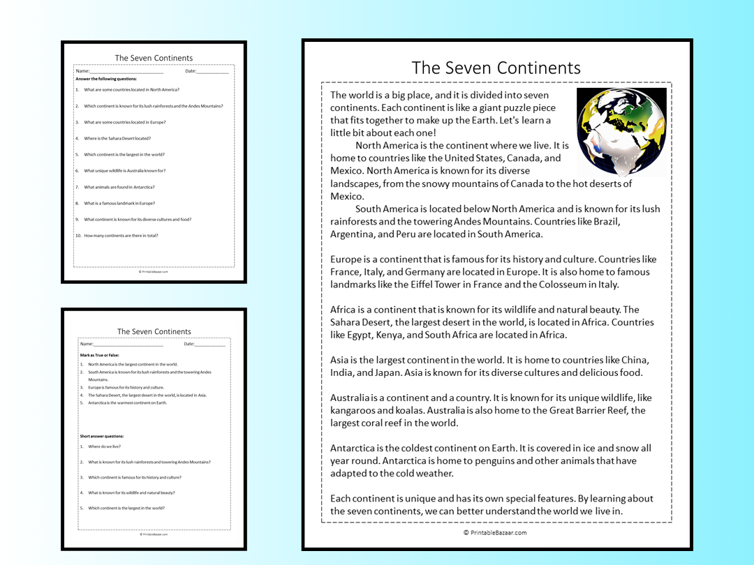 The Seven Continents Reading Comprehension Passage Printable Worksheet Teaching Resources