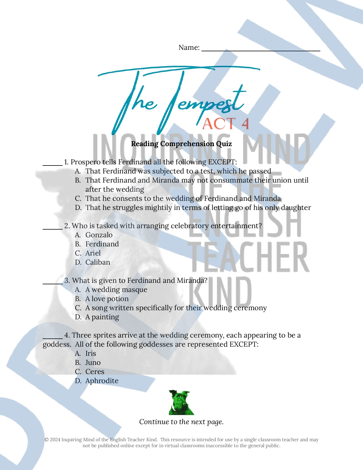 The Tempest Act 4 Quiz And Answer Key For High School Made By Teachers