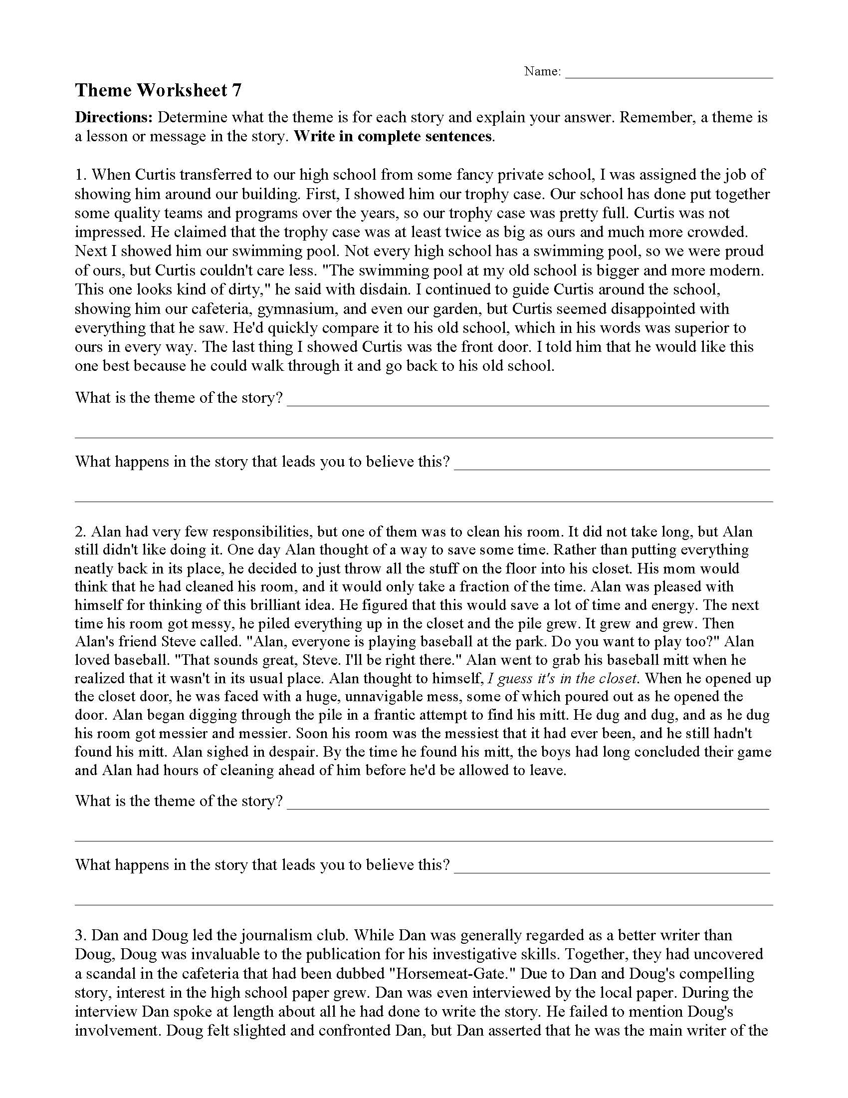 Theme Worksheet 7 Reading Activity