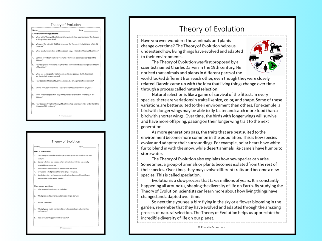 Theory Of Evolution Reading Comprehension Passage Printable Worksheet Teaching Resources
