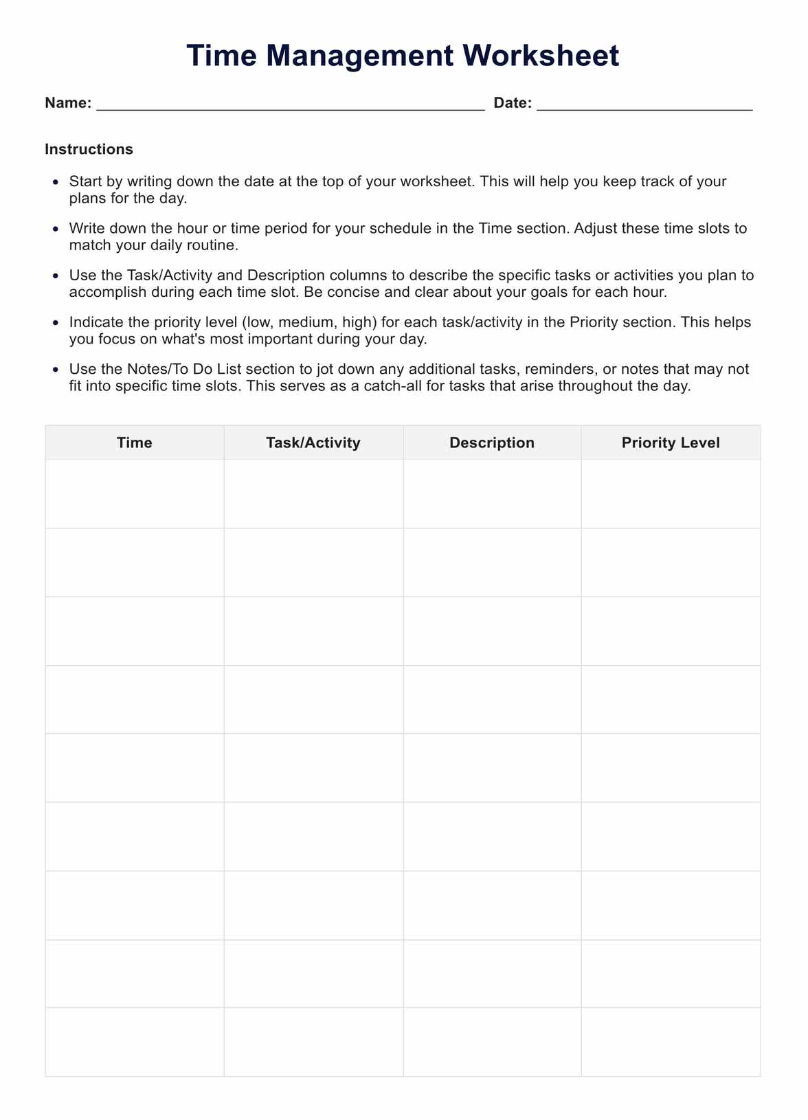 Free Printable Time Management Worksheets