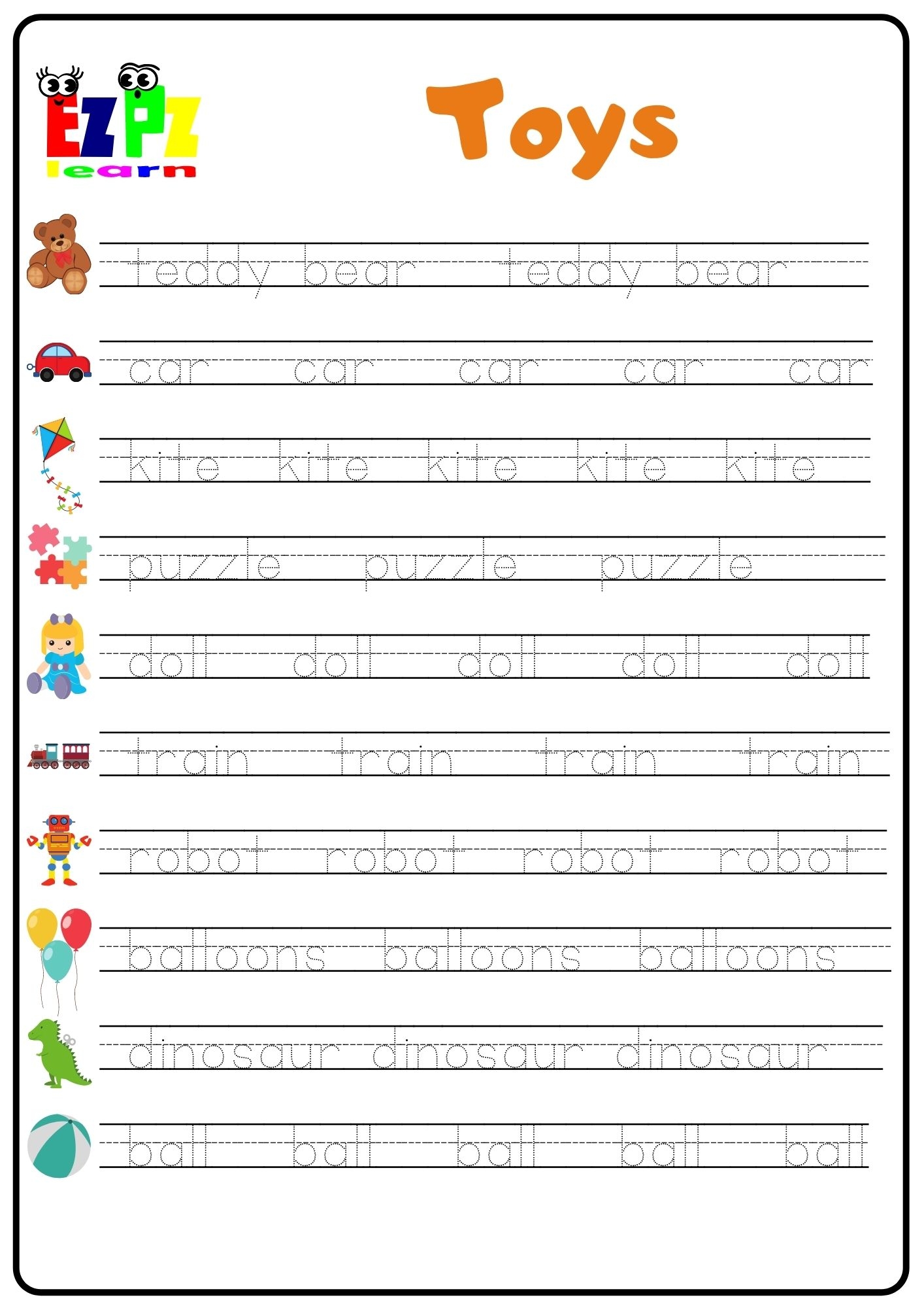 Toys Word Tracing Worksheet Ezpzlearn